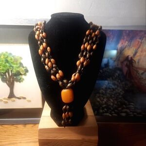 Handmade African Brown And Orange Beaded Necklace EUC